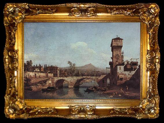 framed  Bernardo Bellotto Capriccio Veneto, Flub, Brucke und mittelalterliches Stadttor, ta009-2